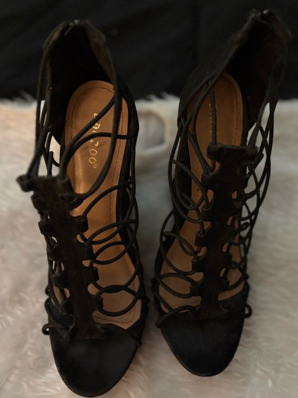 BAMBOO Black Lace-Up Cage High Heels